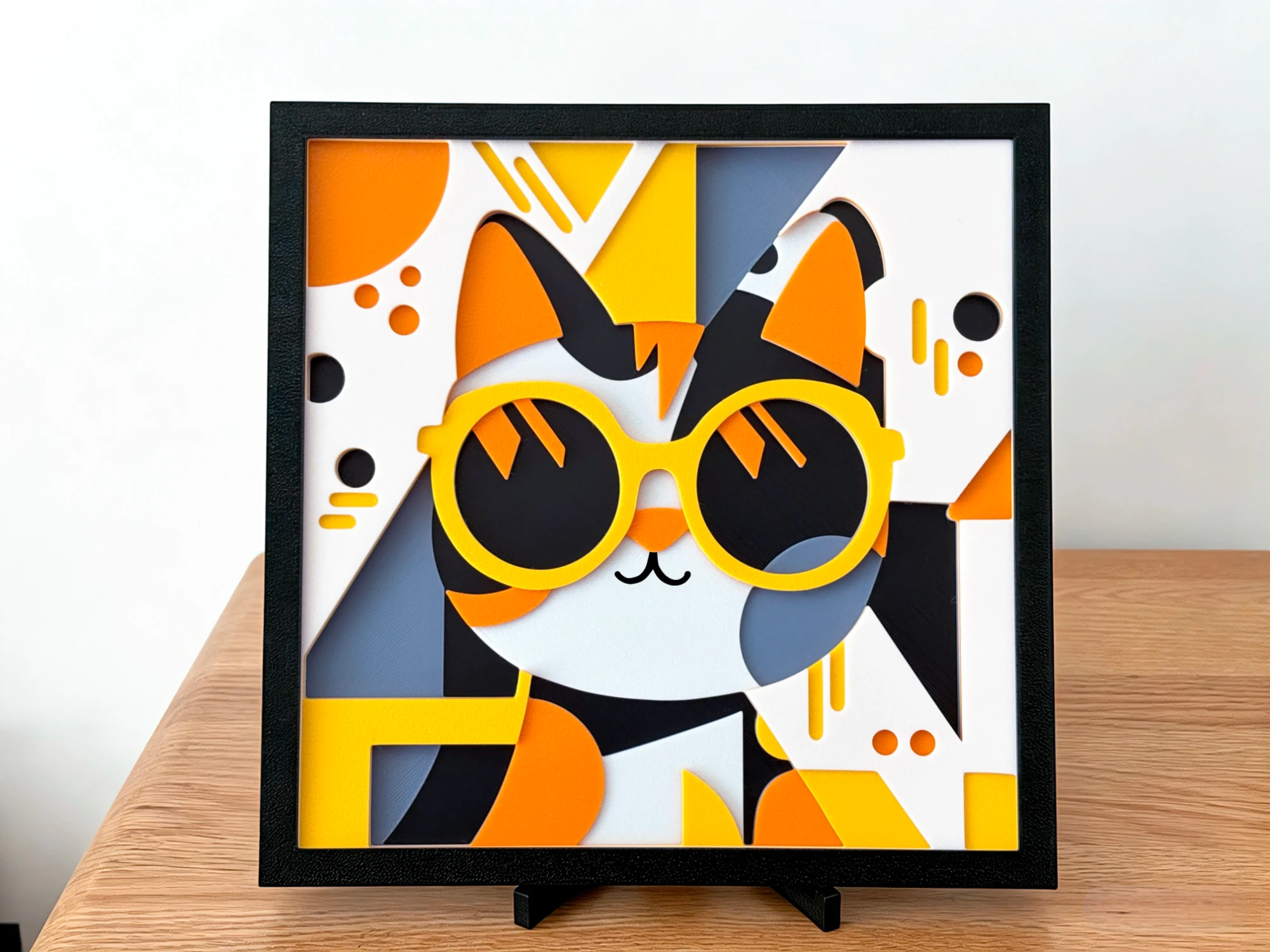 Geometric layered art of a cat in round yellow glasses, with orange, yellow, grey, black and white shapes, in a black frame on a stand