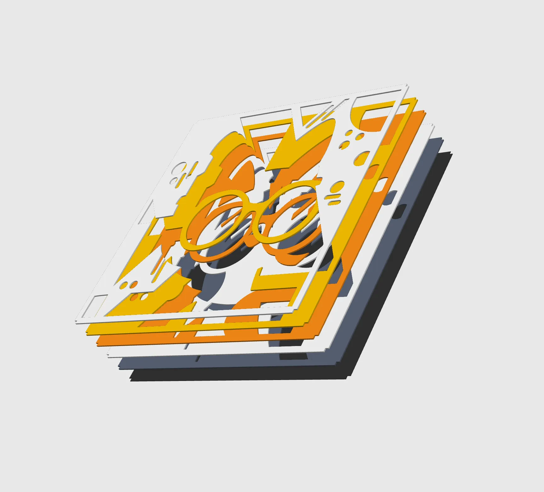 Exploded view of the cat-with-glasses piece showing its stacked white, yellow, orange, grey and black layers