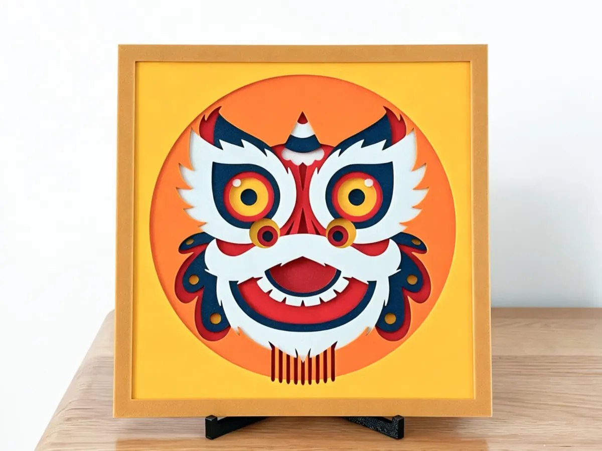 Tableau en couches Danse du lion : une tête de lion de danse aux yeux jaunes ronds et au sourire rouge dans un cercle orange sur un panneau jaune, cadre doré, sur un support